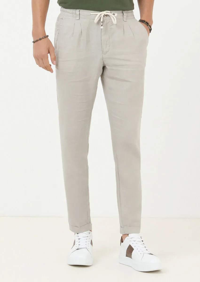 Bej Düz Dokuma Casual %100 Keten Pantolon - 1