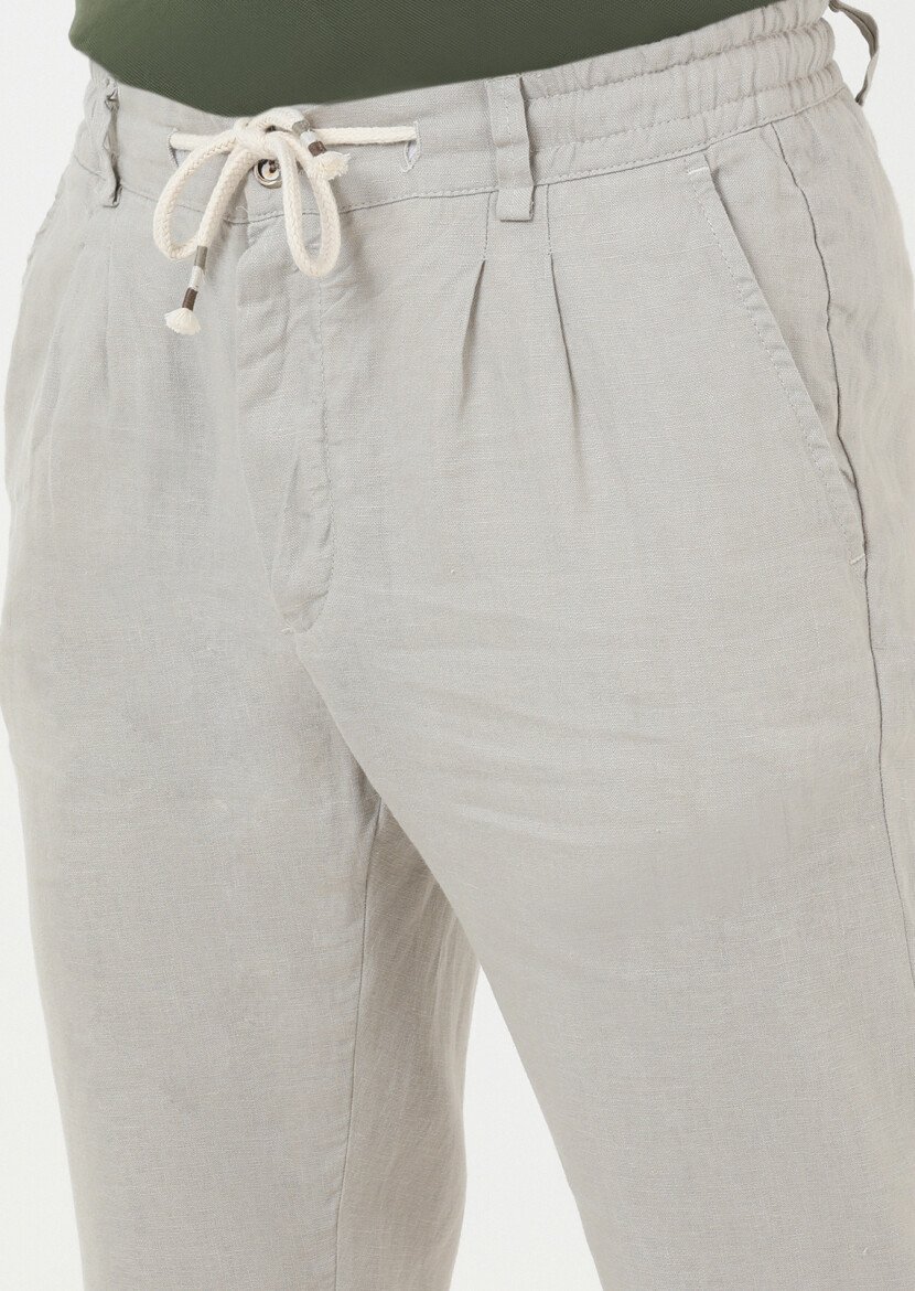 Bej Düz Dokuma Casual %100 Keten Pantolon 