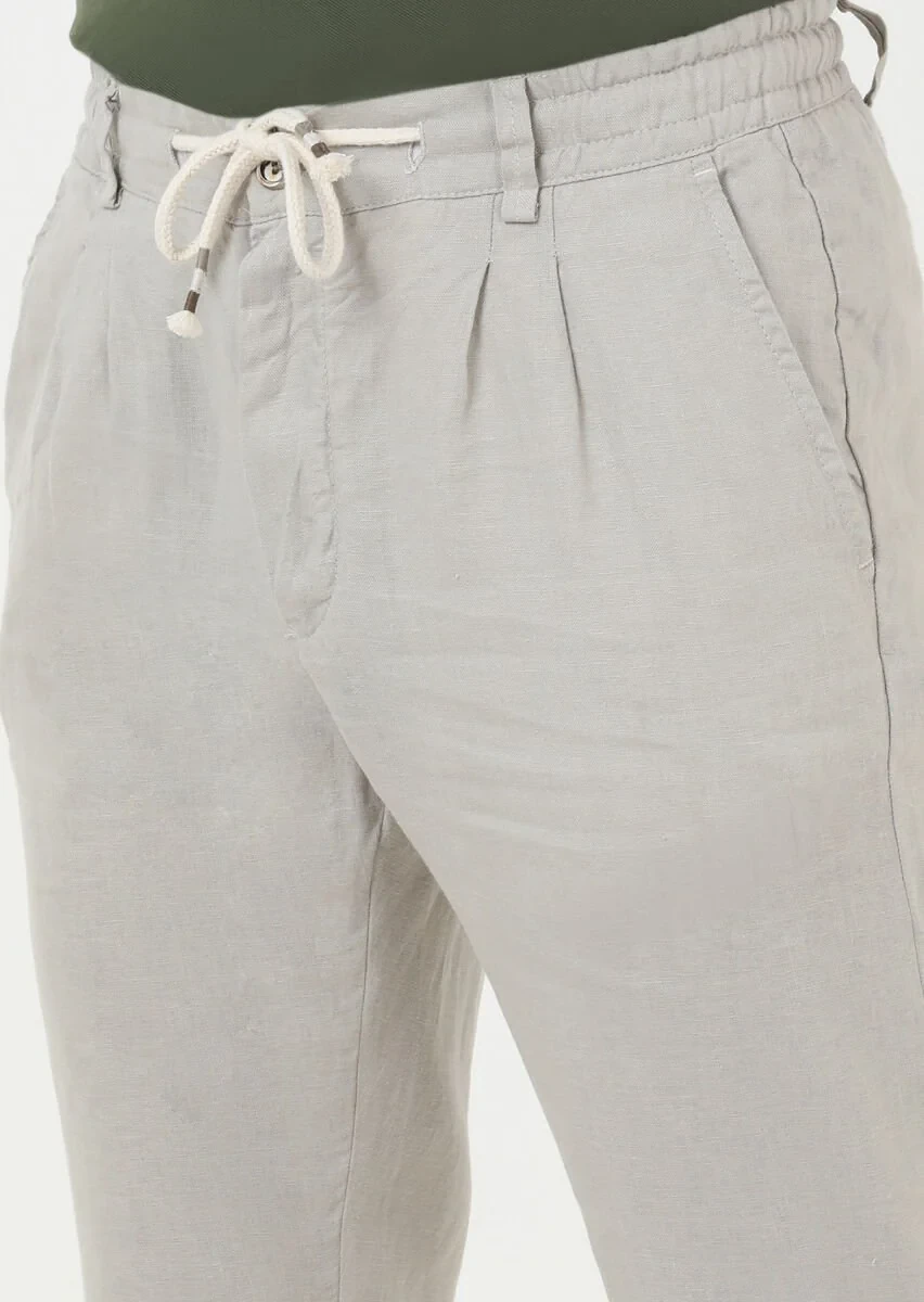 Bej Düz Dokuma Casual %100 Keten Pantolon - 2