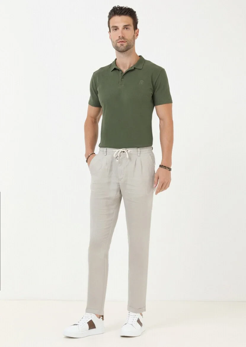 Bej Düz Dokuma Casual %100 Keten Pantolon - 3