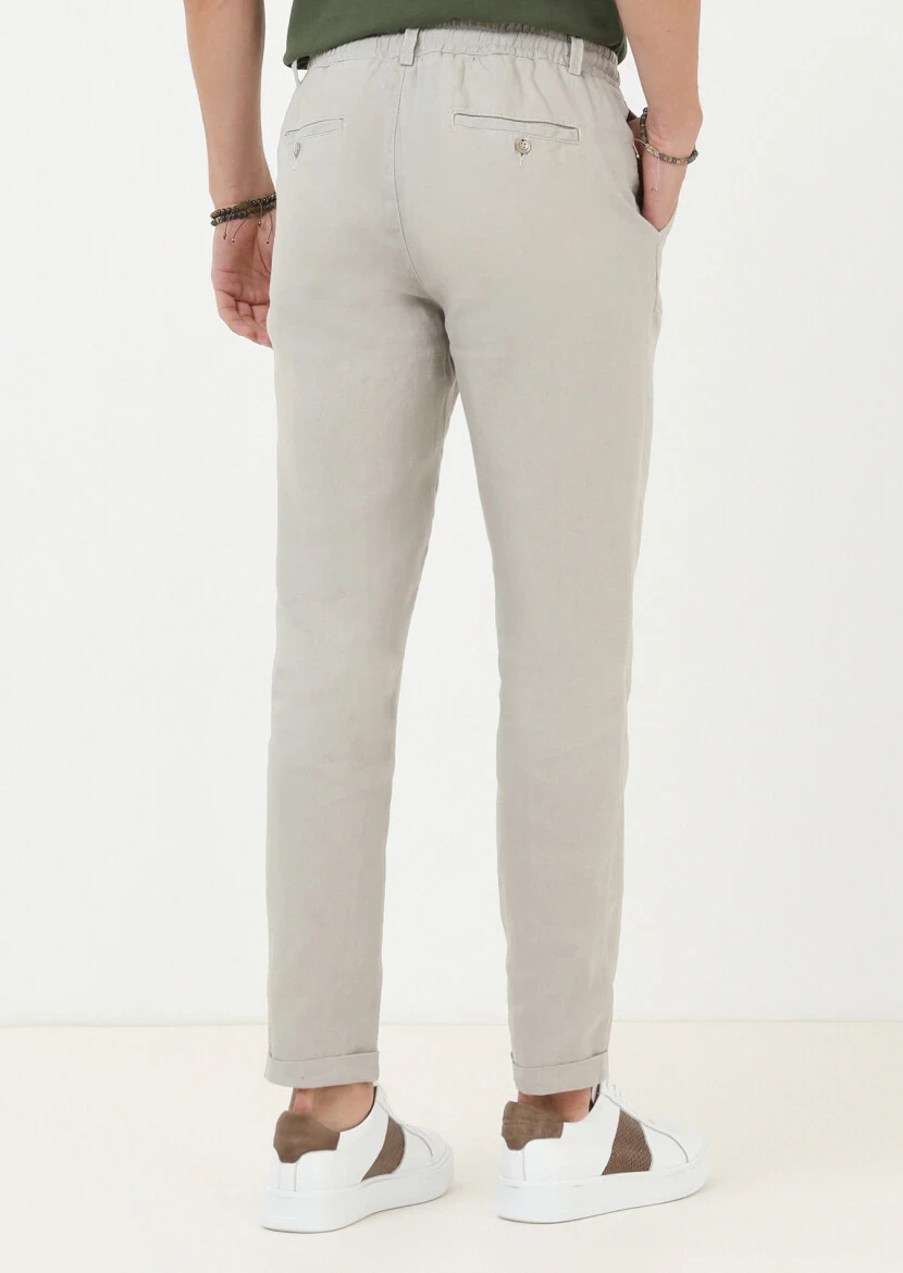 Bej Düz Dokuma Casual %100 Keten Pantolon - 4