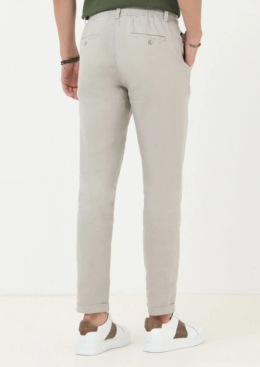 Bej Düz Dokuma Casual %100 Keten Pantolon - 4
