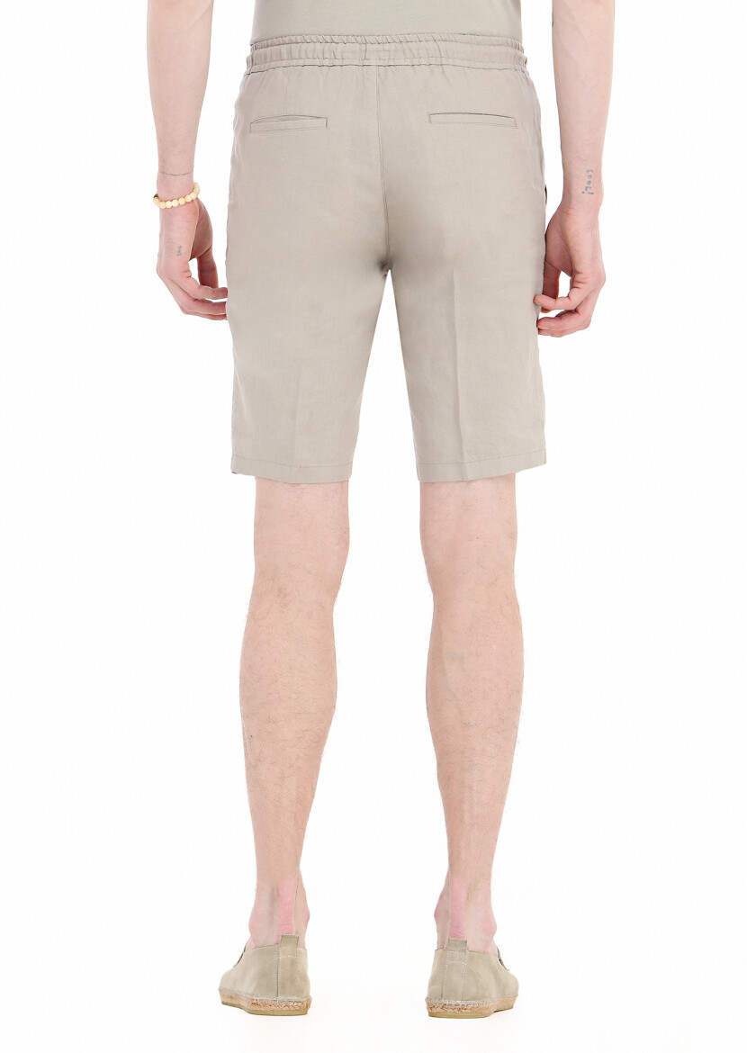 Bej Düz Dokuma Jogging Fit Casual %100 Keten Bermuda - 3