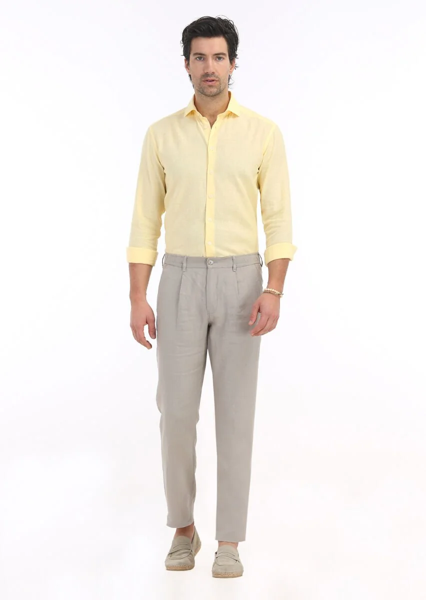 Bej Düz Dokuma Jogging Fit Casual %100 Keten Pantolon - 1