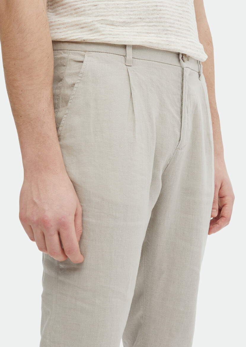 Bej Düz Dokuma Jogging Fit Casual %100 Keten Pantolon 