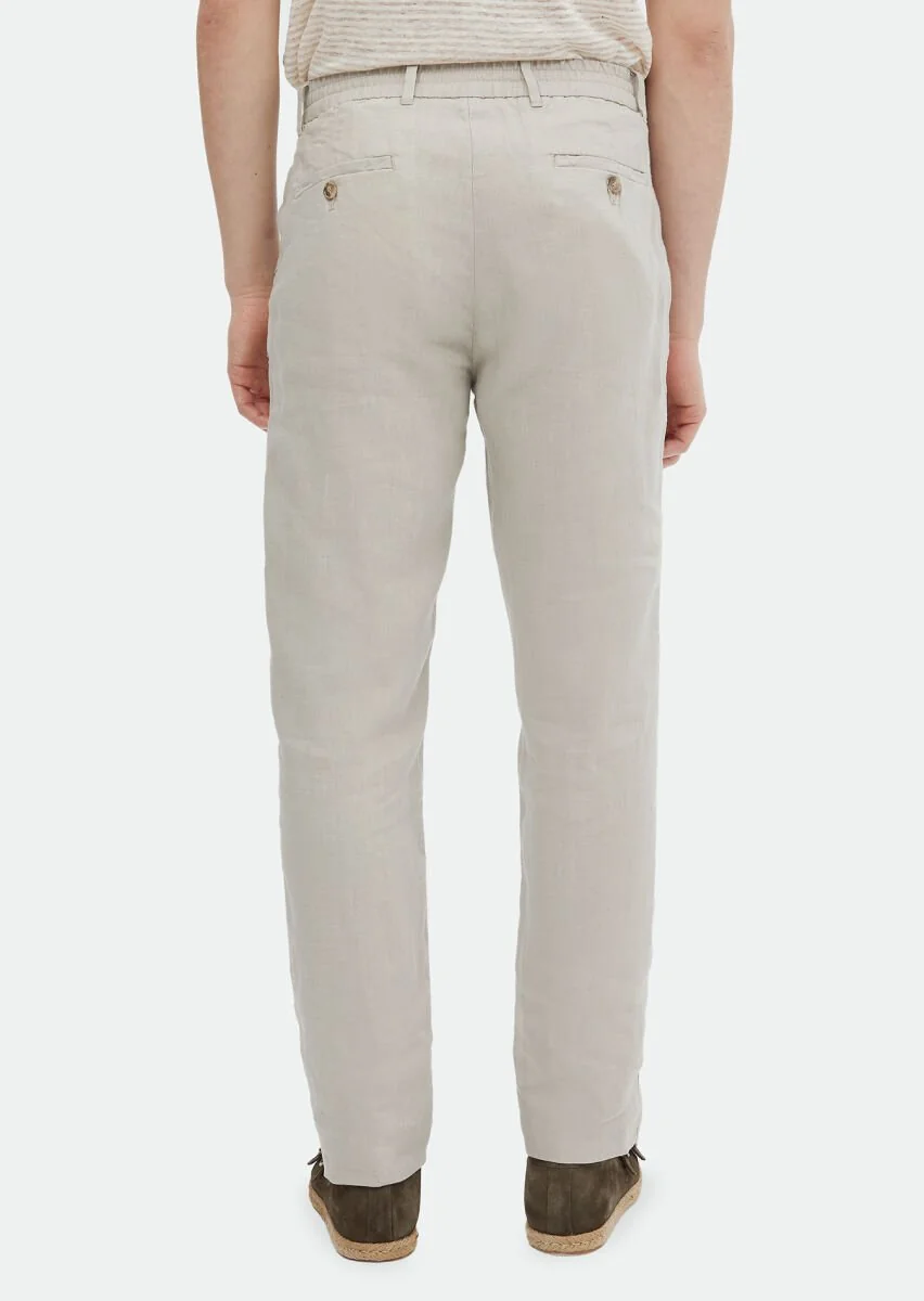 Bej Düz Dokuma Jogging Fit Casual %100 Keten Pantolon - 5