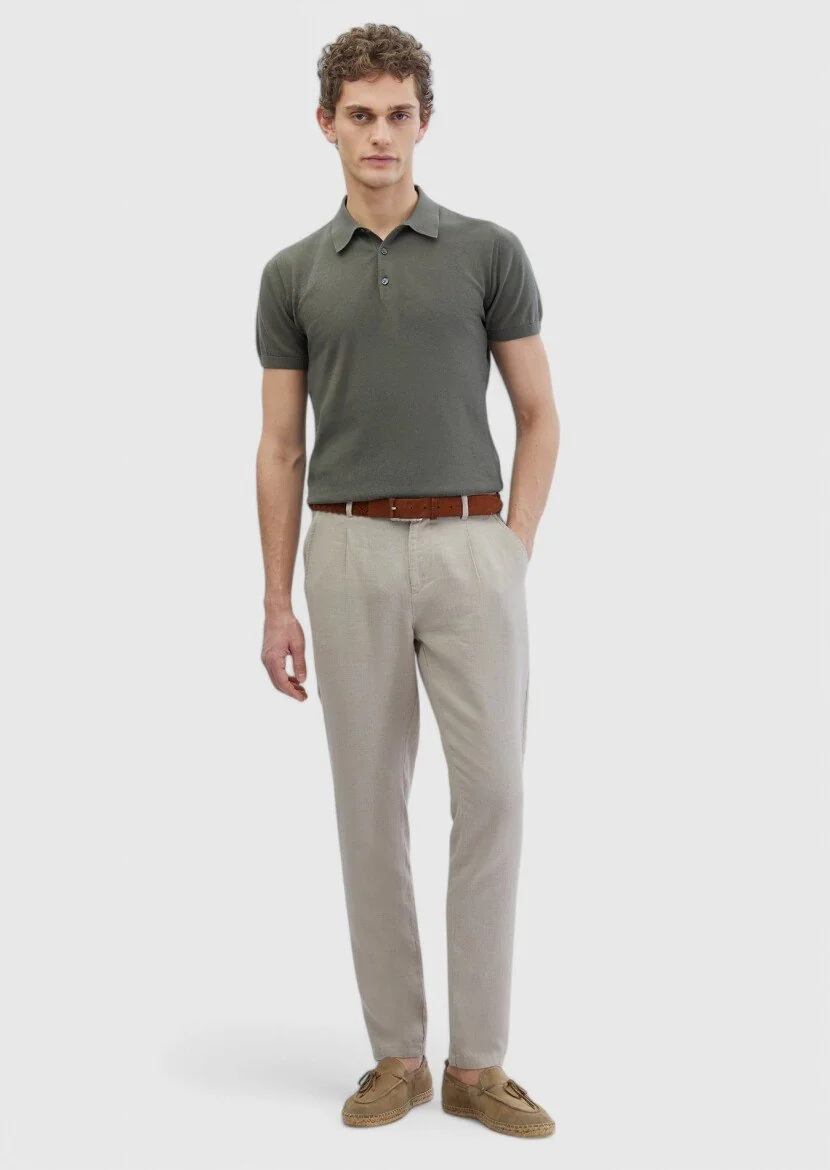 Bej Düz Dokuma Jogging Fit Casual %100 Keten Pantolon - RAMSEY