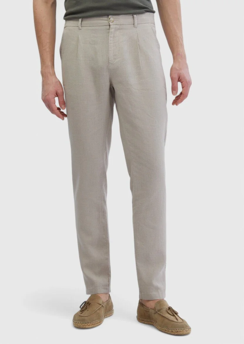 Bej Düz Dokuma Jogging Fit Casual %100 Keten Pantolon 