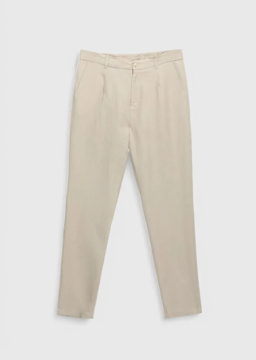 Bej Düz Dokuma Jogging Fit Casual %100 Keten Pantolon - 6