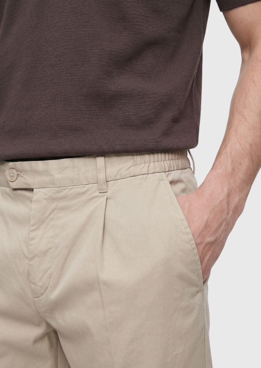 Bej Düz Dokuma Jogging Fit Casual İpek Karışımlı Pantolon - 4