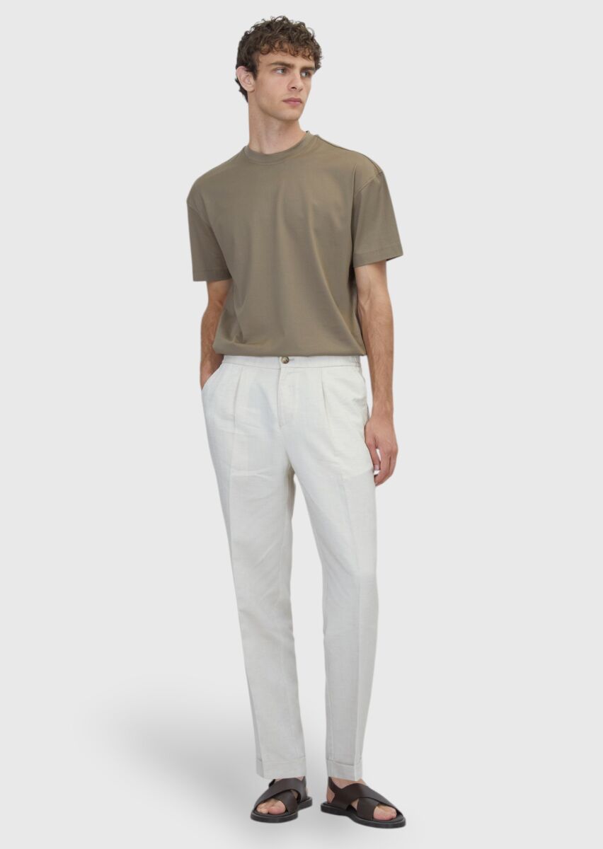 Bej Düz Dokuma Jogging Fit Casual Keten Karışımlı Pantolon - 1