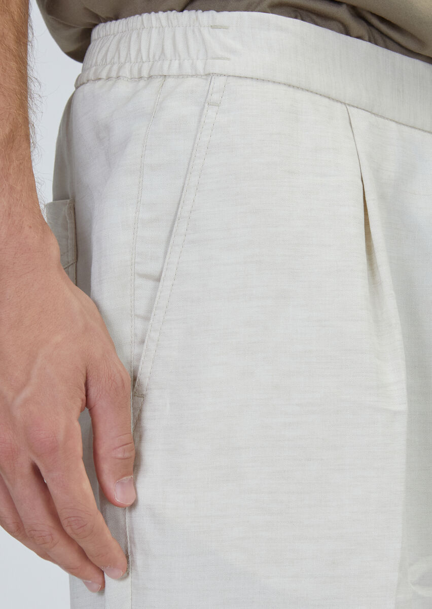 Bej Düz Dokuma Jogging Fit Casual Keten Karışımlı Pantolon - 3