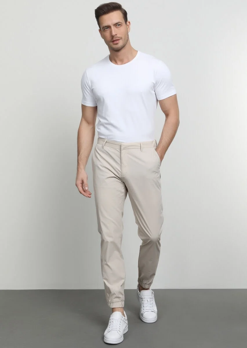 Bej Düz Dokuma Jogging Fit Casual Pamuk Karışımlı Pantolon - 1