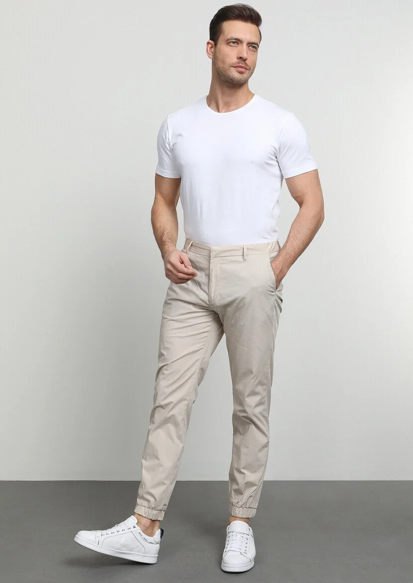 Bej Düz Dokuma Jogging Fit Casual Pamuk Karışımlı Pantolon - 3