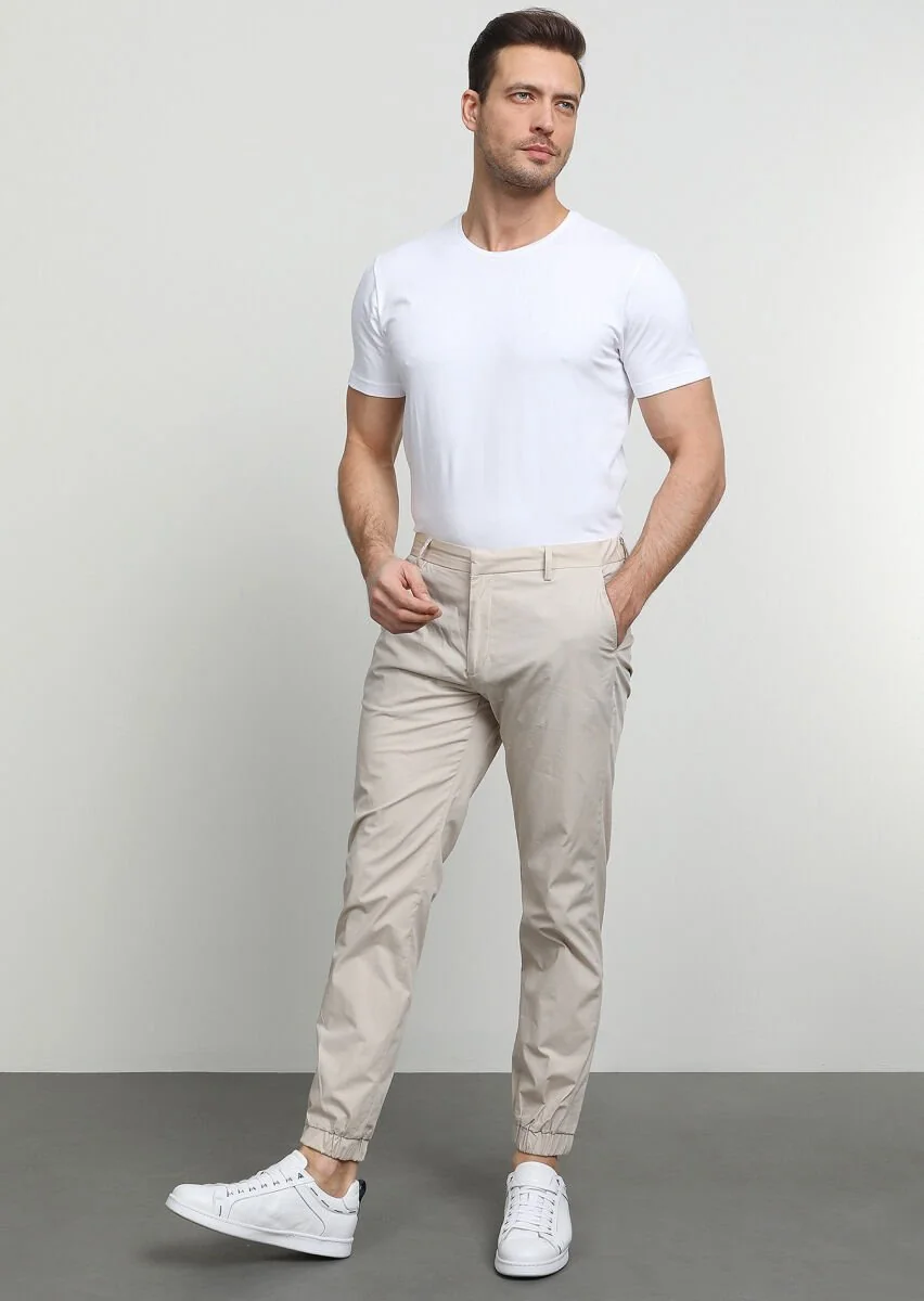 Bej Düz Dokuma Jogging Fit Casual Pamuk Karışımlı Pantolon - 3
