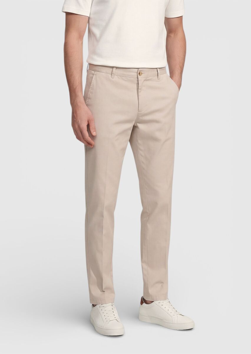 Bej Düz Dokuma Jogging Fit Casual Pamuk Karışımlı Pantolon - 4