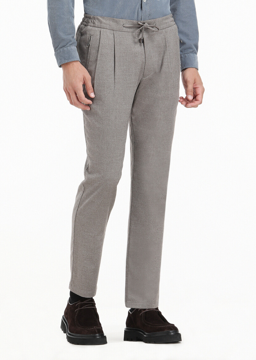 Bej Düz Dokuma Jogging Fit Casual Pantolon - 1