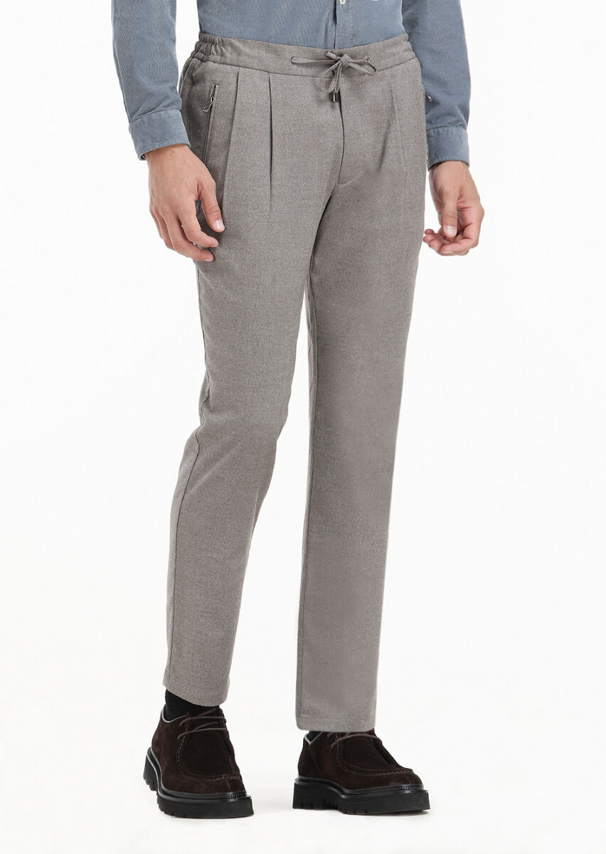 Bej Düz Dokuma Jogging Fit Casual Pantolon - 1