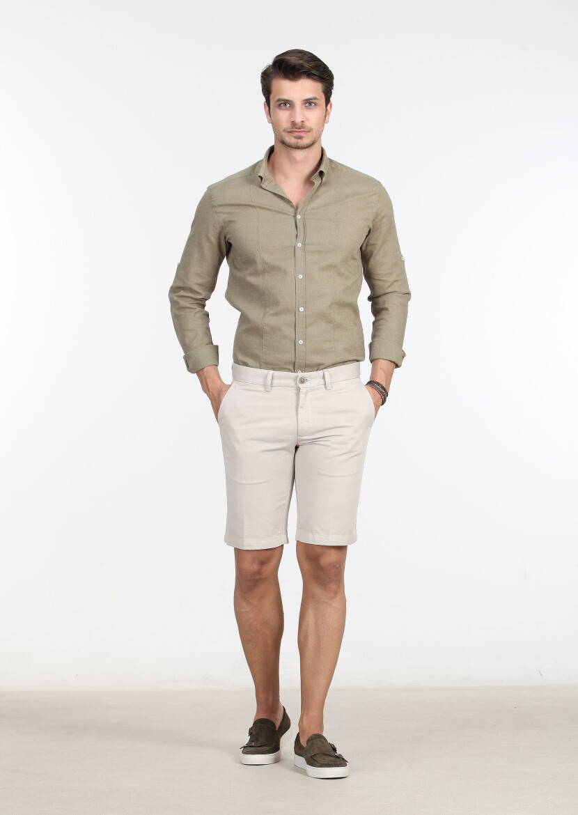 Bej Düz Dokuma Regular Fit Casual Pamuk Karışımlı Bermuda - 1