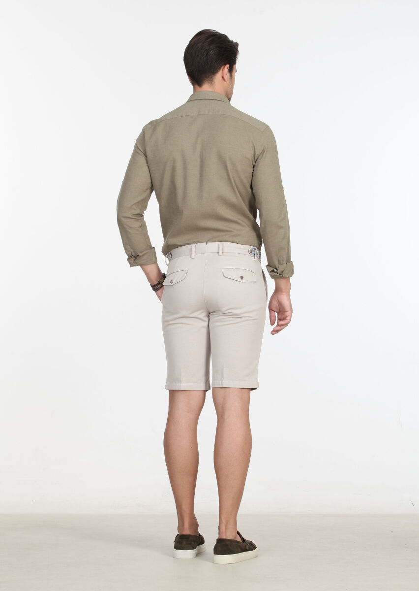 Bej Düz Dokuma Regular Fit Casual Pamuk Karışımlı Bermuda - 4