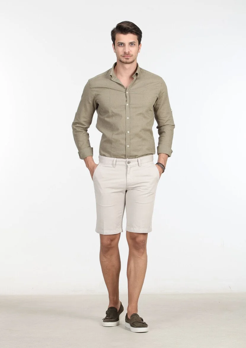 Bej Düz Dokuma Regular Fit Casual Pamuk Karışımlı Bermuda 