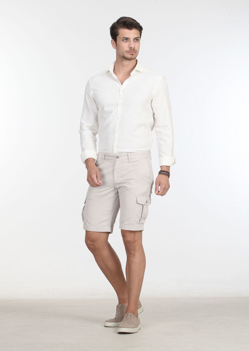 Bej Düz Dokuma Regular Fit Casual Pamuk Karışımlı Bermuda - 2