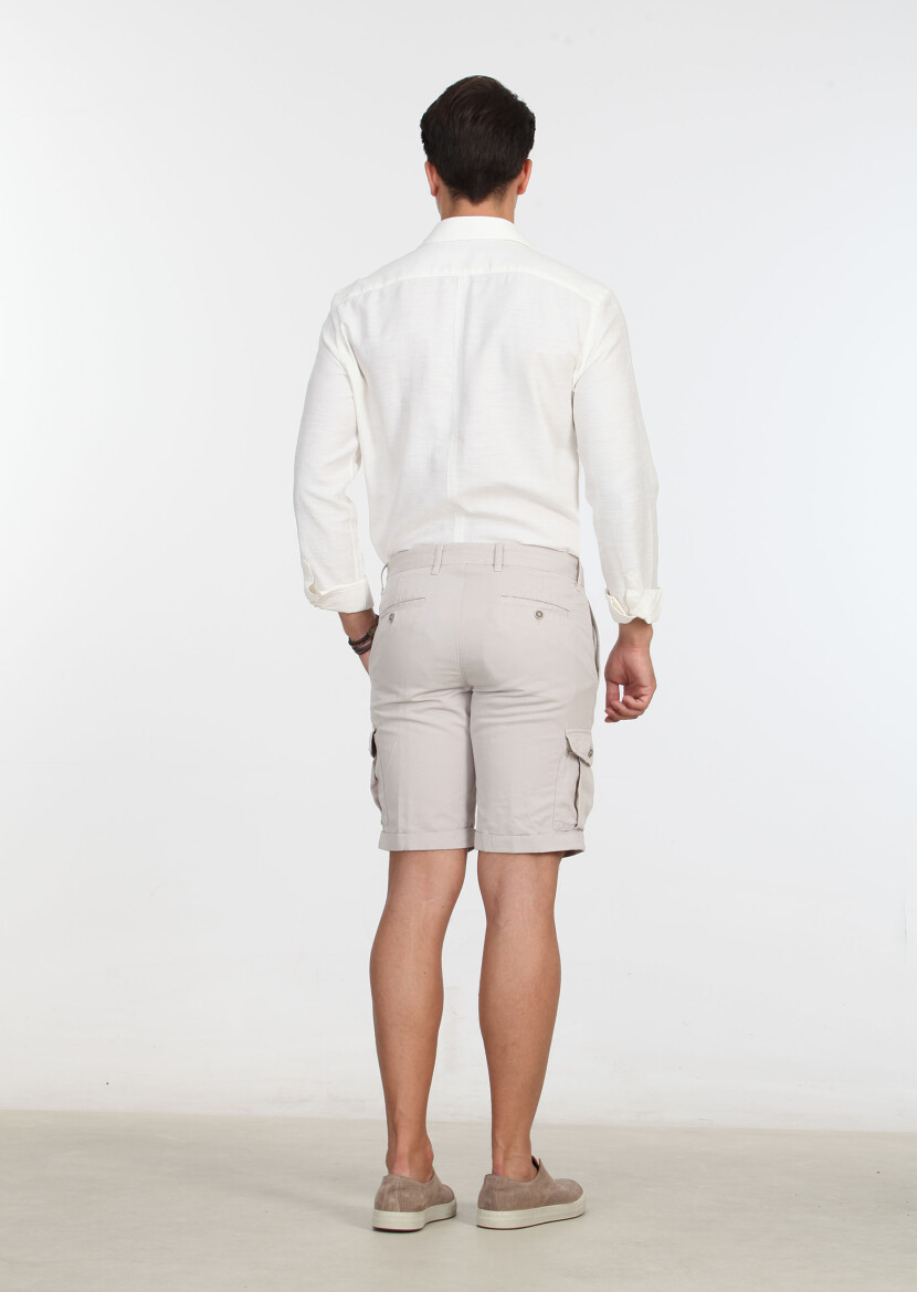Bej Düz Dokuma Regular Fit Casual Pamuk Karışımlı Bermuda - 4