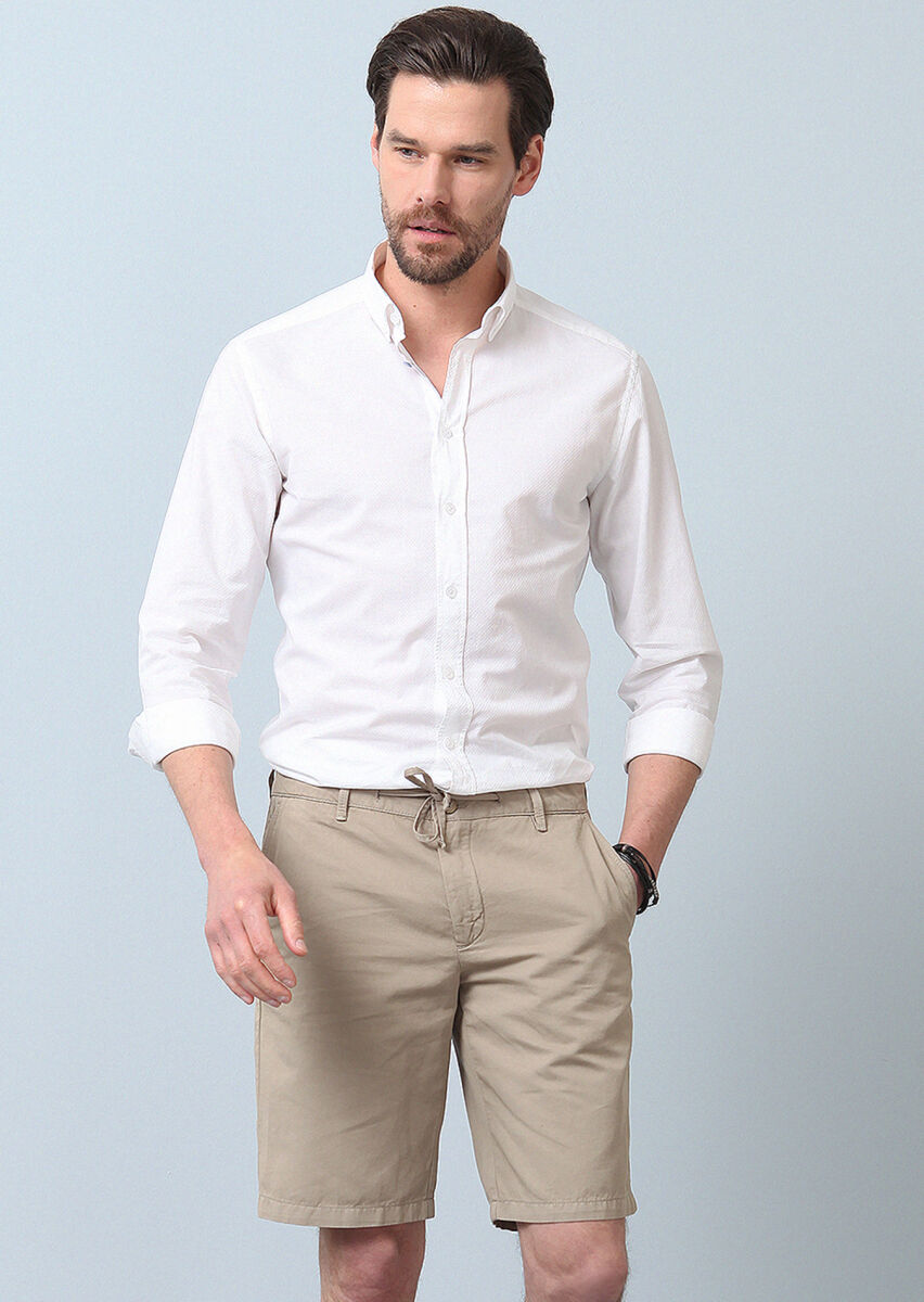 Bej Düz Dokuma Regular Fit Casual Pamuk Karışımlı Bermuda - 1