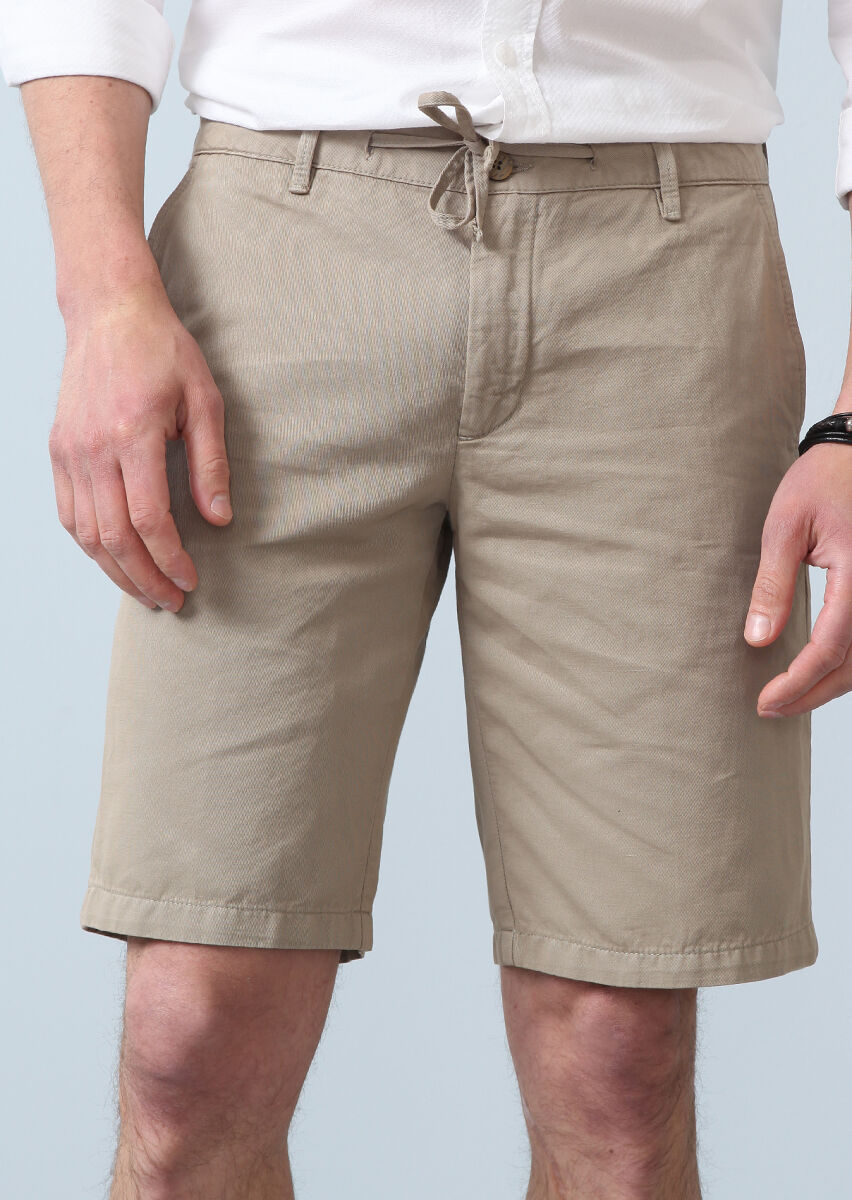 Bej Düz Dokuma Regular Fit Casual Pamuk Karışımlı Bermuda - 2