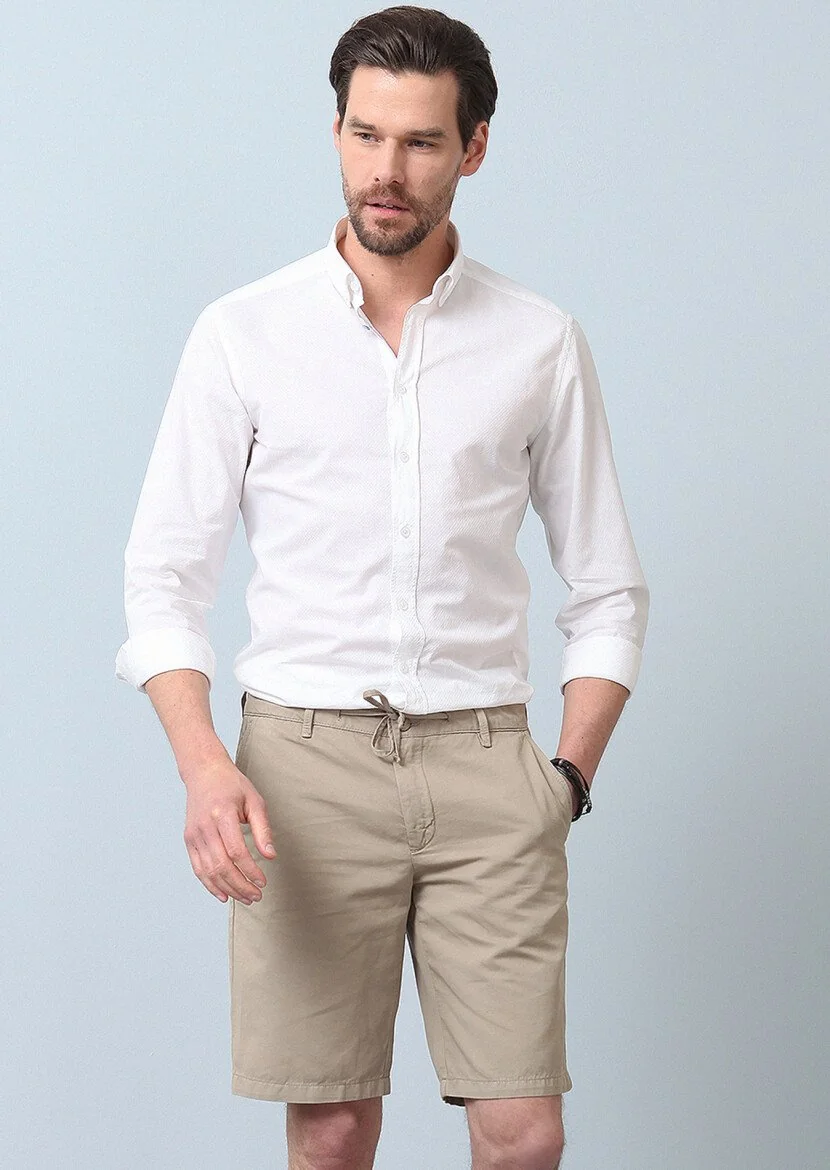 Bej Düz Dokuma Regular Fit Casual Pamuk Karışımlı Bermuda 