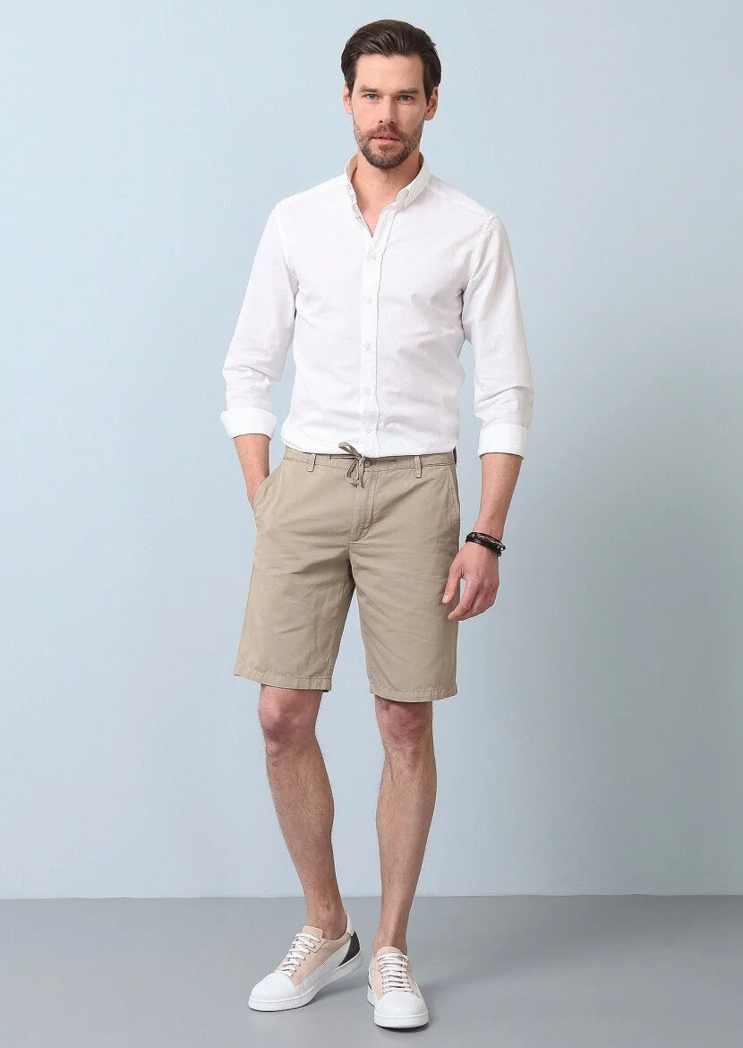 Bej Düz Dokuma Regular Fit Casual Pamuk Karışımlı Bermuda - 3