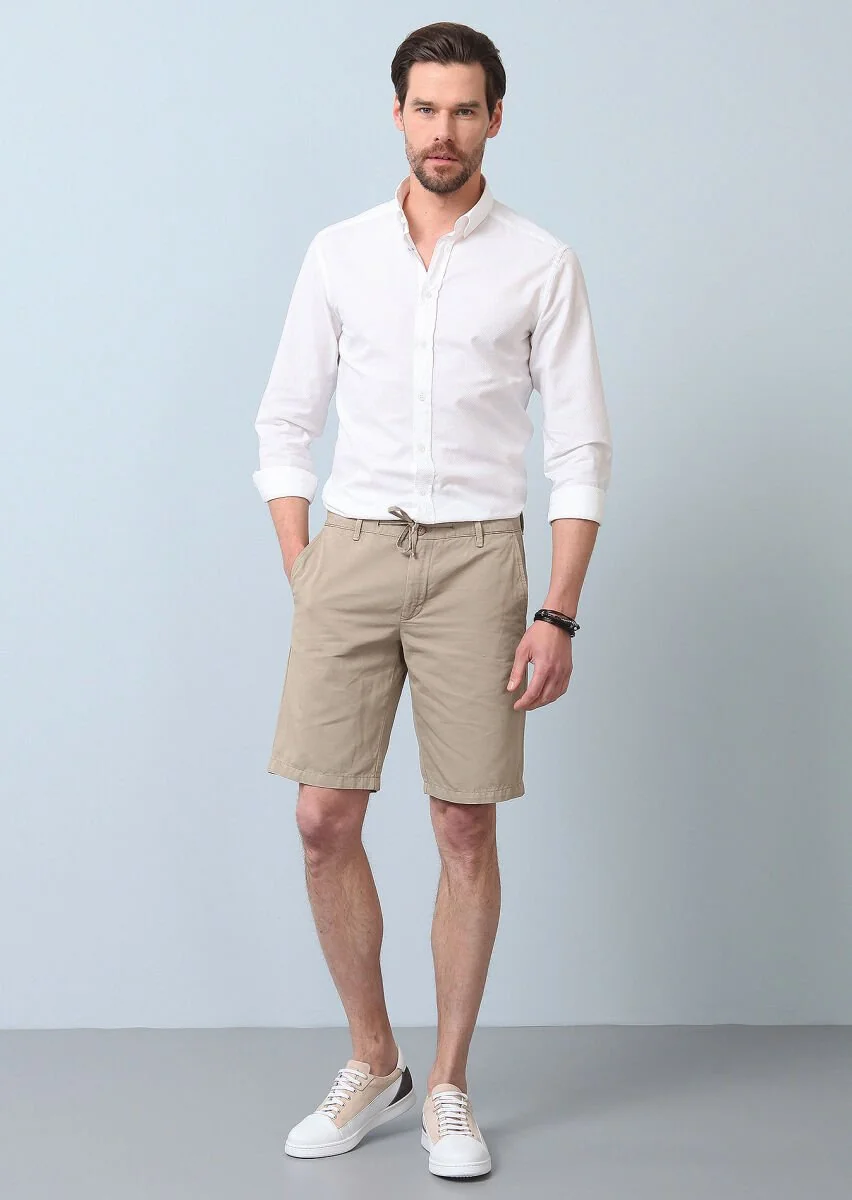 Bej Düz Dokuma Regular Fit Casual Pamuk Karışımlı Bermuda - 3