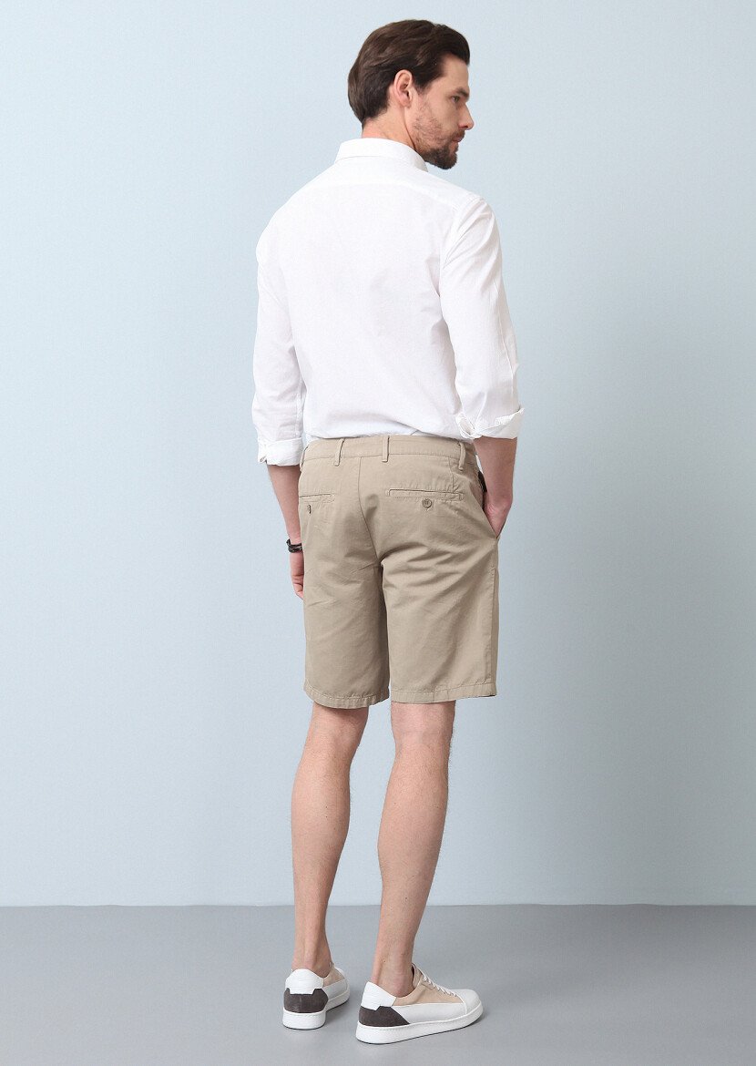 Bej Düz Dokuma Regular Fit Casual Pamuk Karışımlı Bermuda - 5