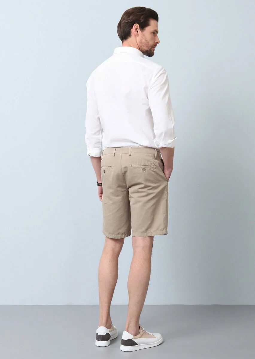 Bej Düz Dokuma Regular Fit Casual Pamuk Karışımlı Bermuda - 5