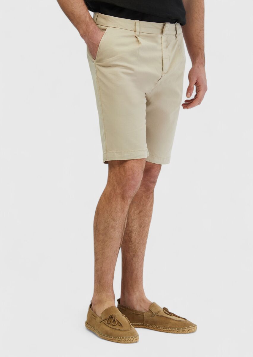 Bej Düz Dokuma Regular Fit Casual Pamuk Karışımlı Bermuda - 3