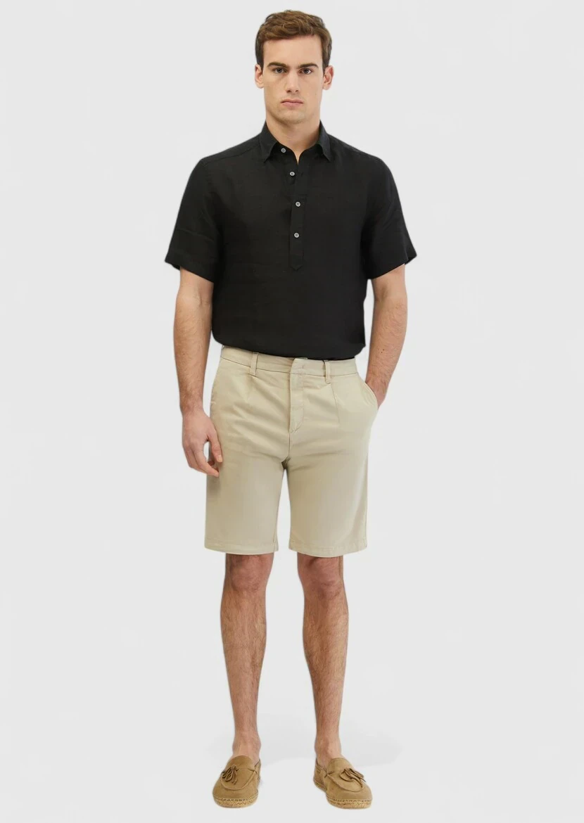 Bej Düz Dokuma Regular Fit Casual Pamuk Karışımlı Bermuda - 1