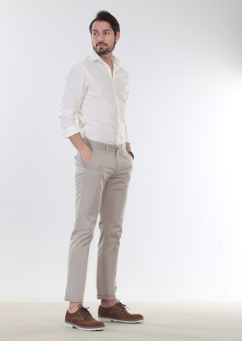 Bej Düz Dokuma Regular Fit Casual Pamuk Karışımlı Pantolon - 4