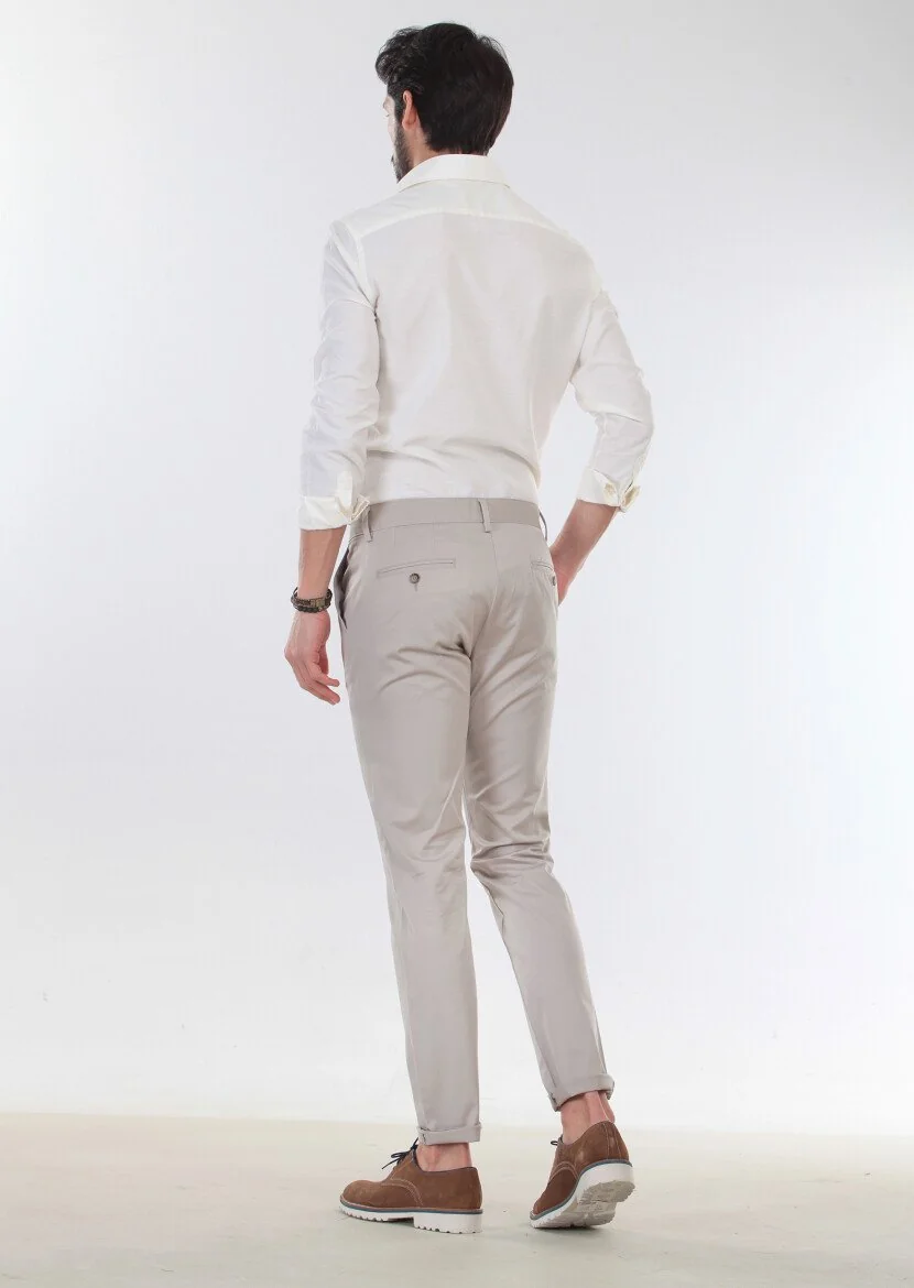 Bej Düz Dokuma Regular Fit Casual Pamuk Karışımlı Pantolon - 2