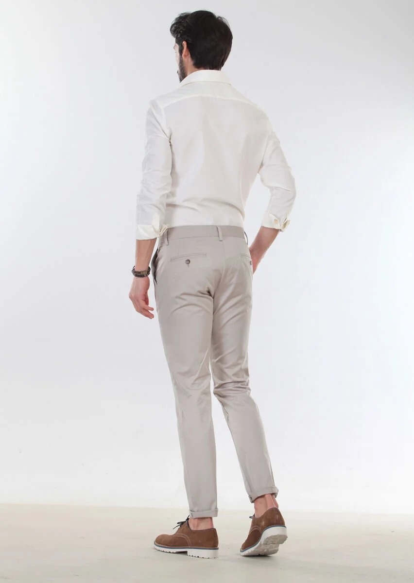 Bej Düz Dokuma Regular Fit Casual Pamuk Karışımlı Pantolon - 2