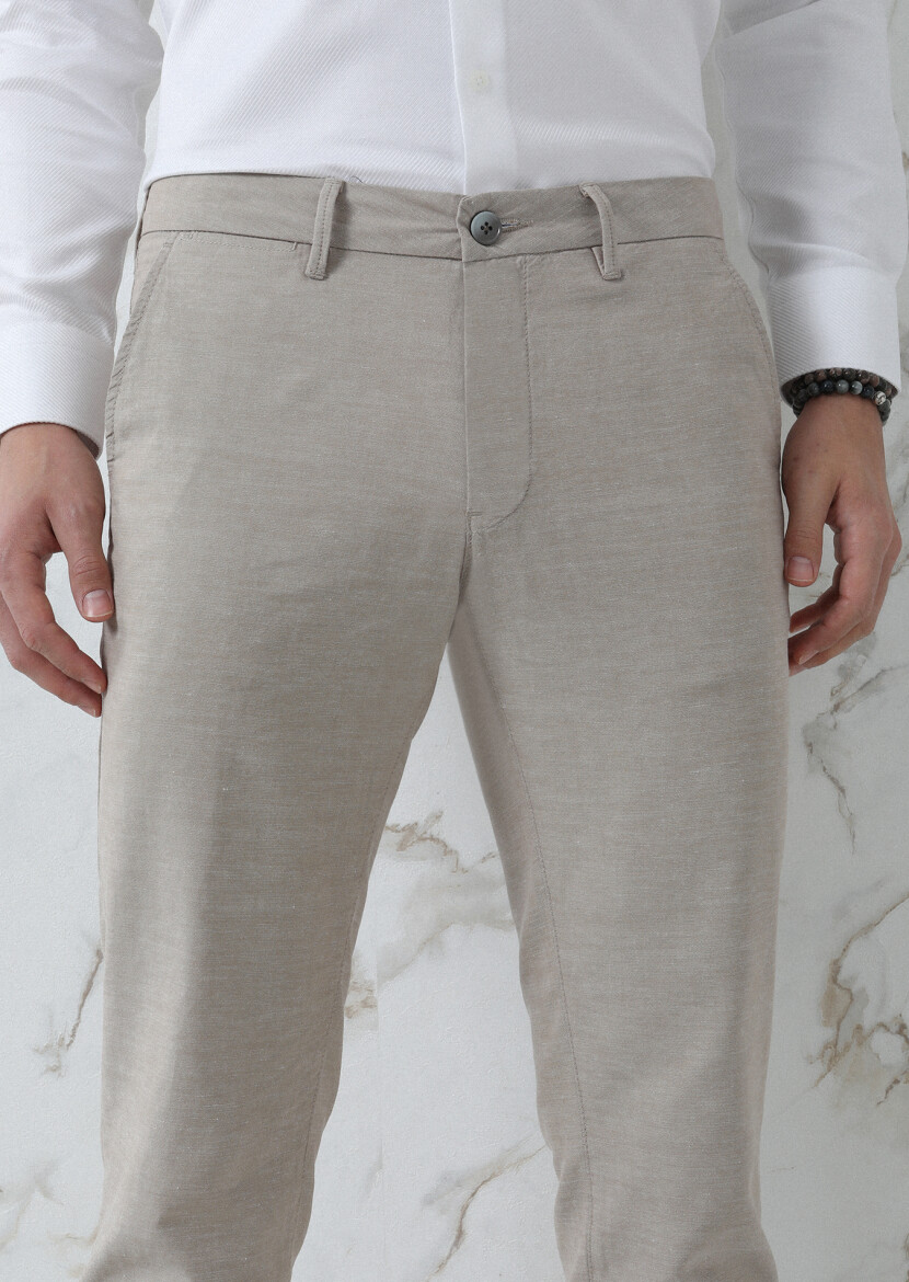 Bej Düz Dokuma Regular Fit Casual Pamuk Karışımlı Pantolon 