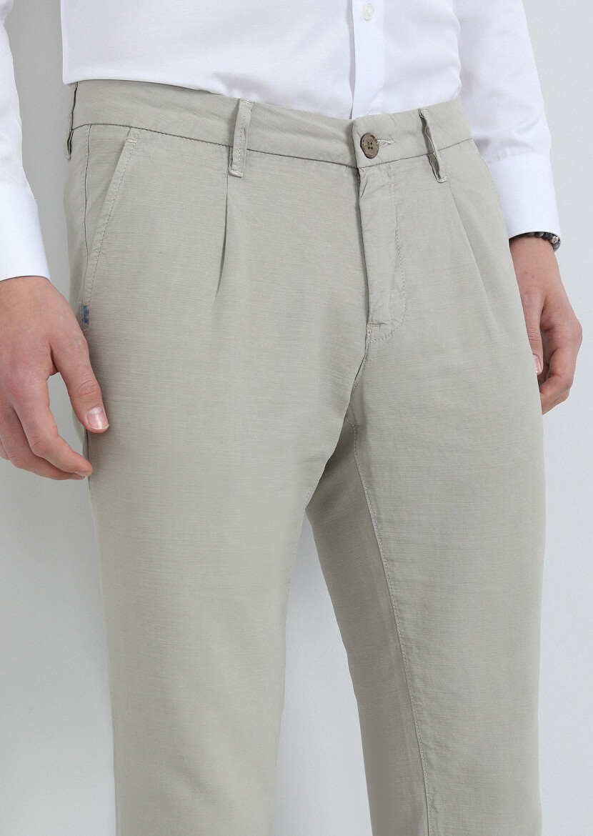 Bej Düz Dokuma Regular Fit Casual Pamuk Karışımlı Pantolon - 3