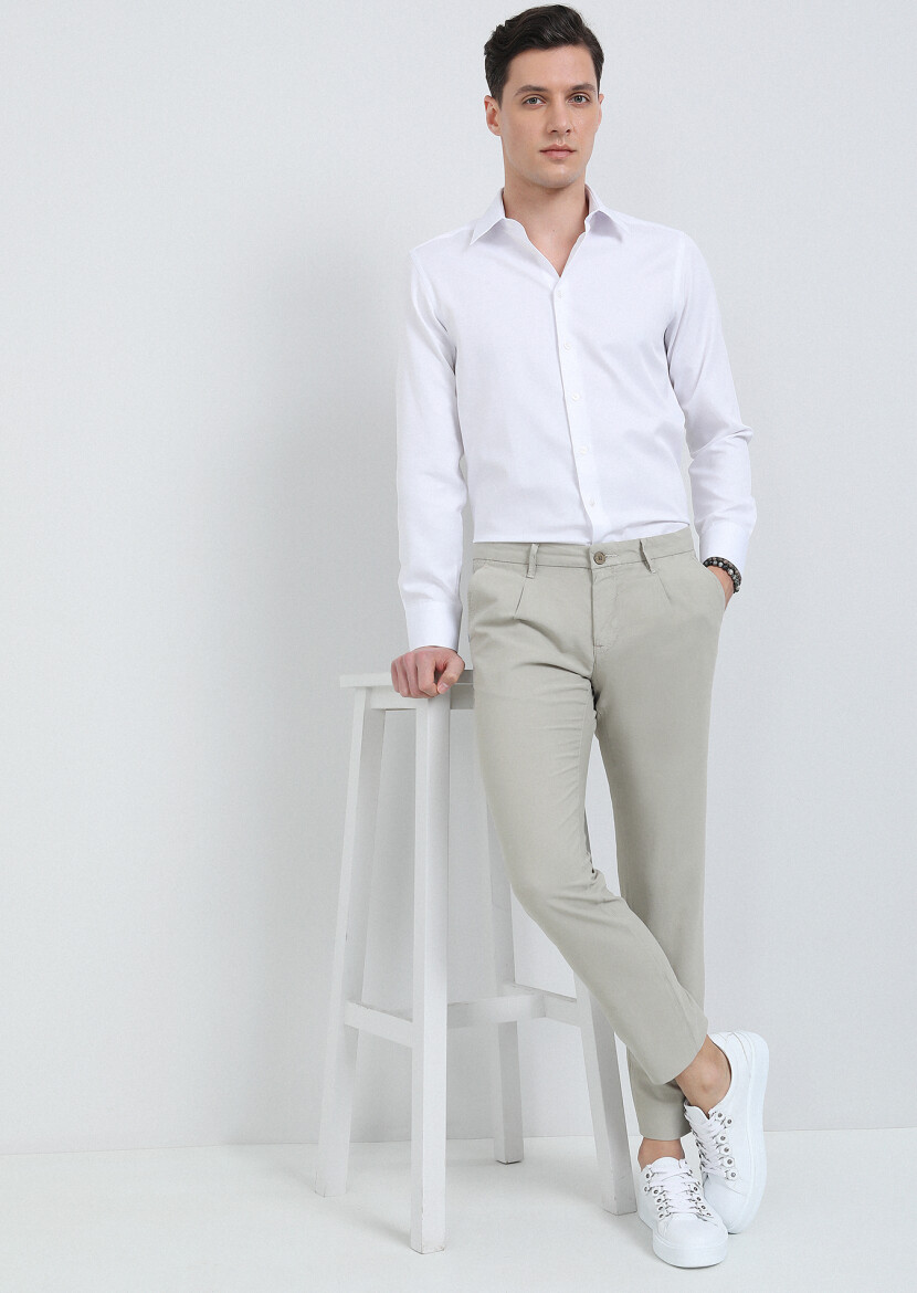 Bej Düz Dokuma Regular Fit Casual Pamuk Karışımlı Pantolon - 4