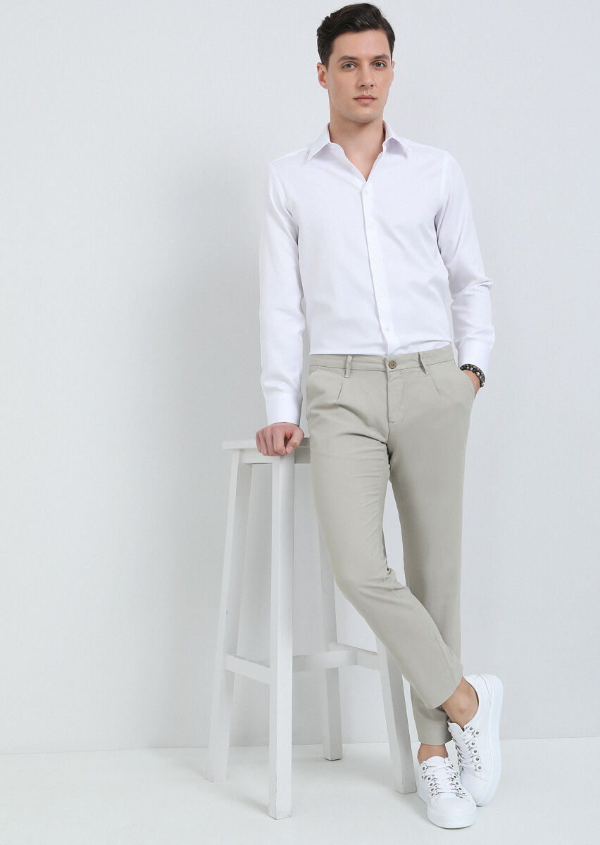 Bej Düz Dokuma Regular Fit Casual Pamuk Karışımlı Pantolon - 4