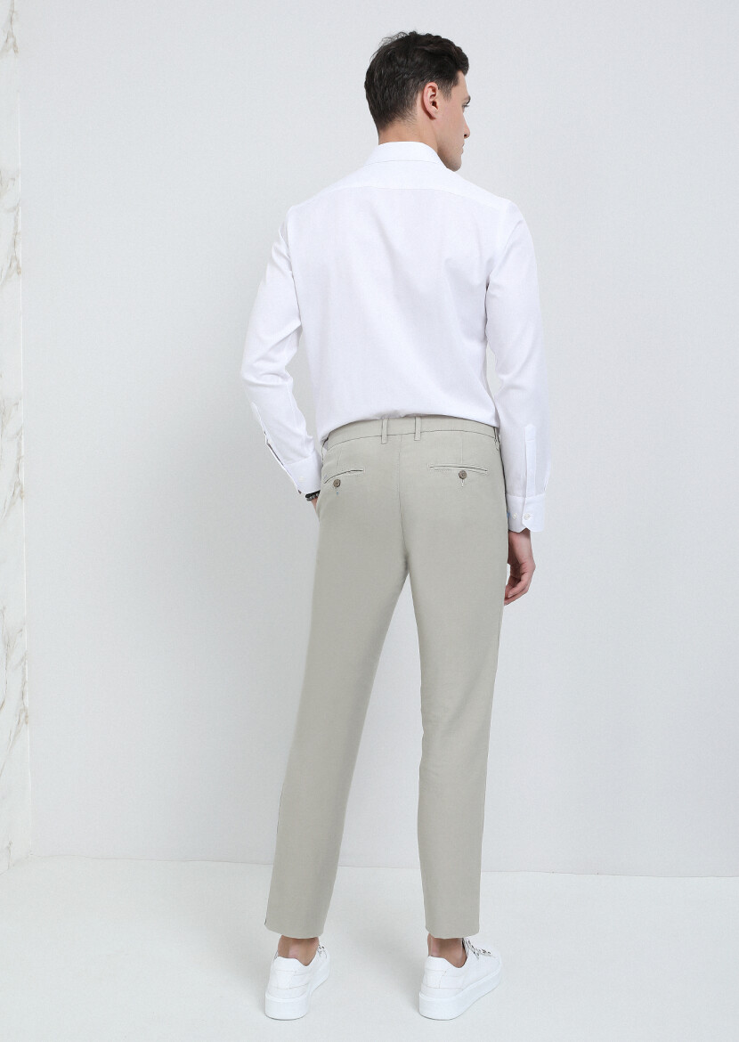 Bej Düz Dokuma Regular Fit Casual Pamuk Karışımlı Pantolon - 5