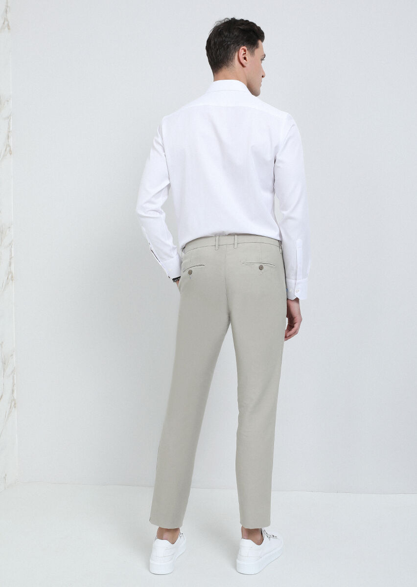 Bej Düz Dokuma Regular Fit Casual Pamuk Karışımlı Pantolon - 5