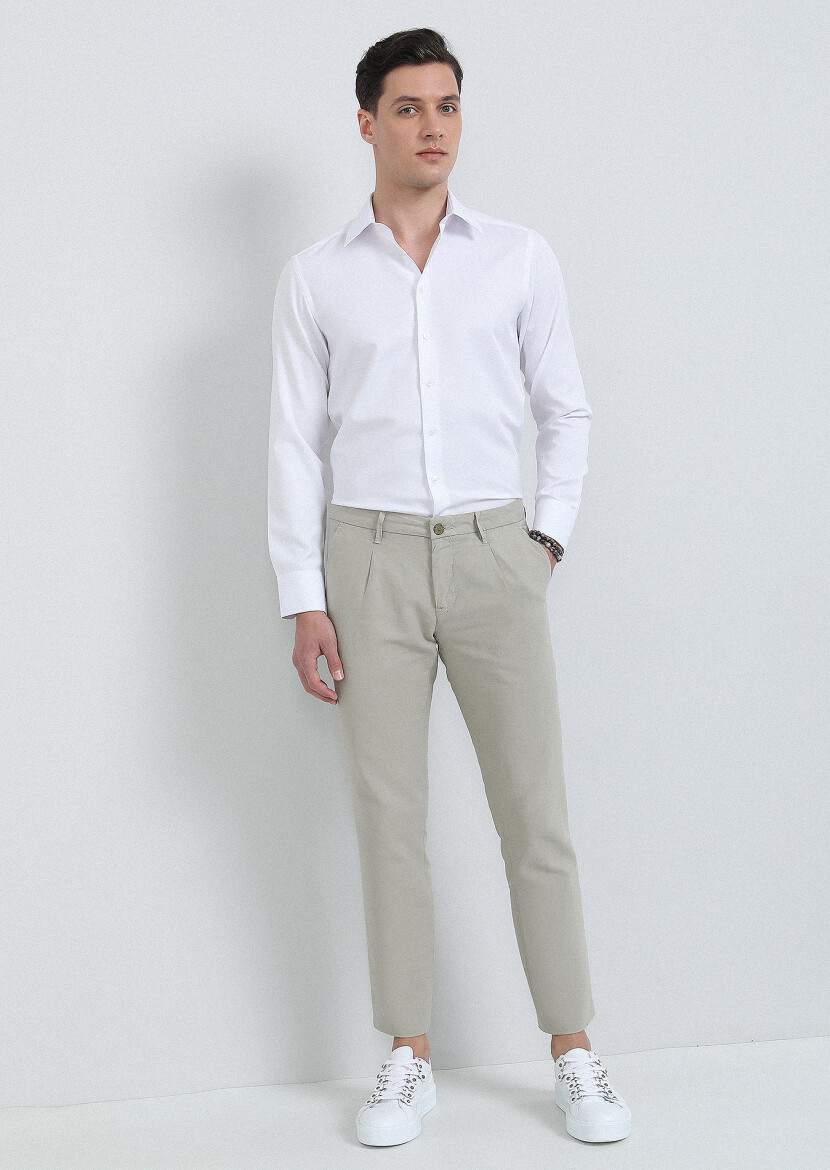 Bej Düz Dokuma Regular Fit Casual Pamuk Karışımlı Pantolon 