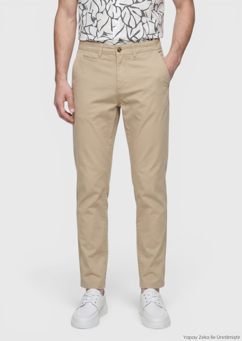 Bej Düz Dokuma Regular Fit Casual Pamuk Karışımlı Pantolon - RAMSEY