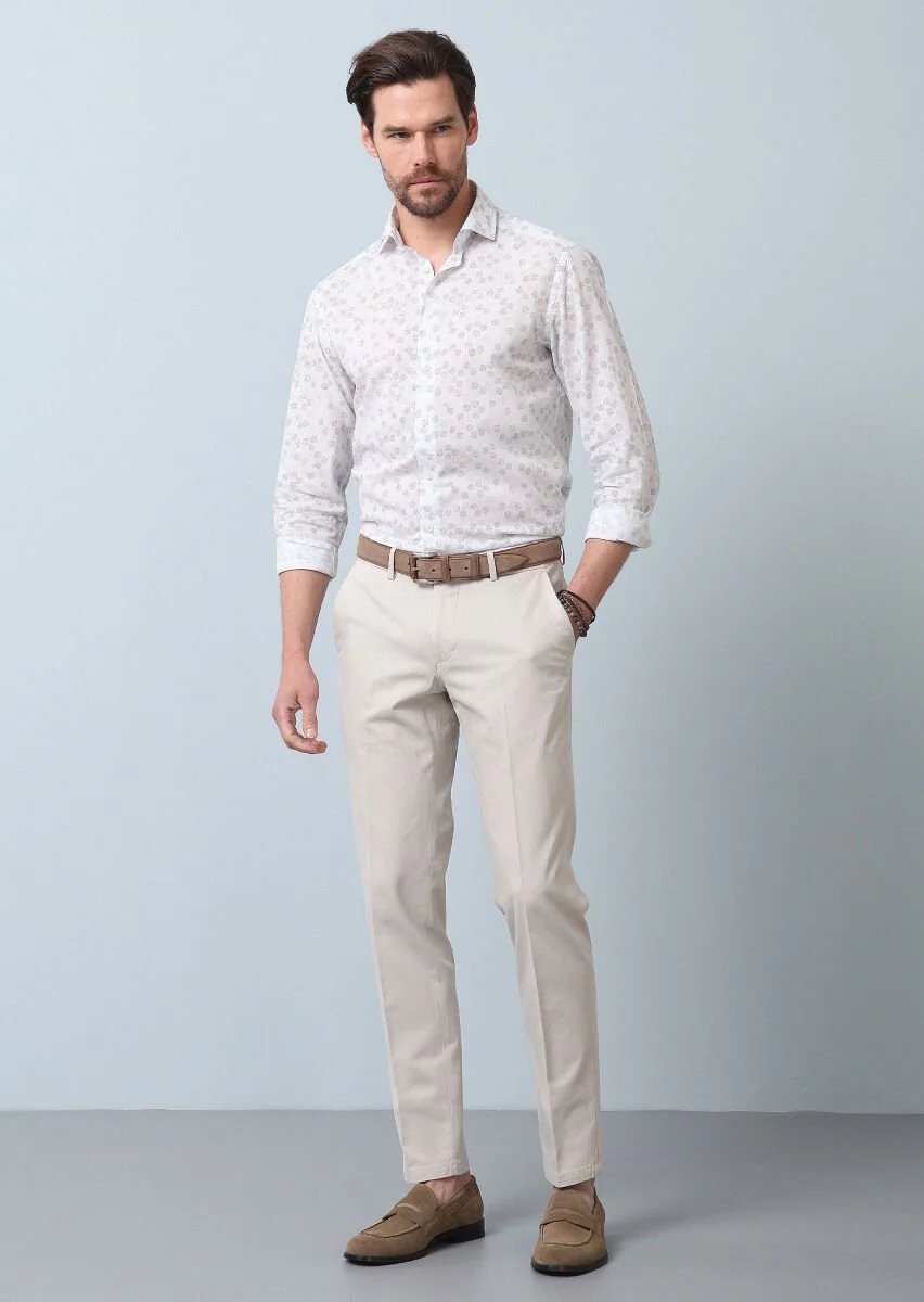 Bej Düz Dokuma Regular Fit Smart Casual Pamuk Karışımlı Pantolon - 1