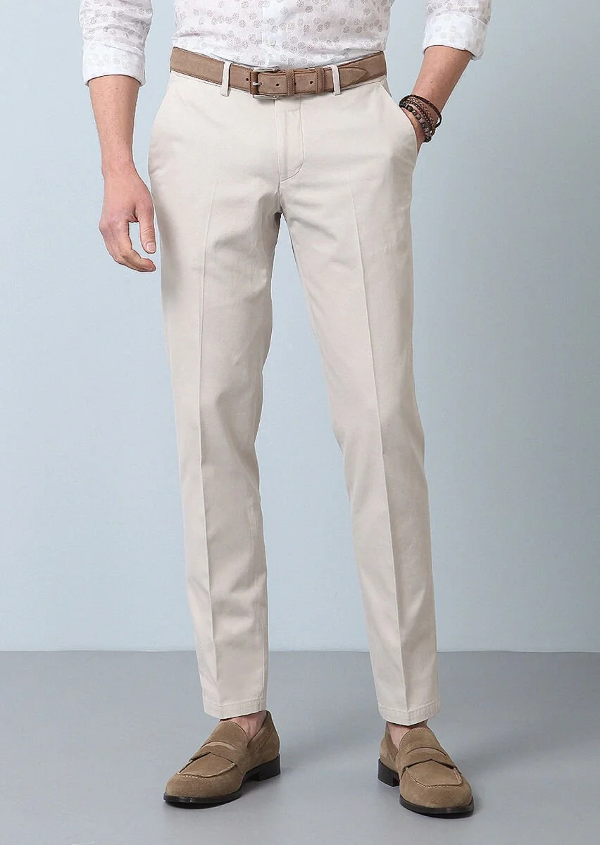 Bej Düz Dokuma Regular Fit Smart Casual Pamuk Karışımlı Pantolon - 2