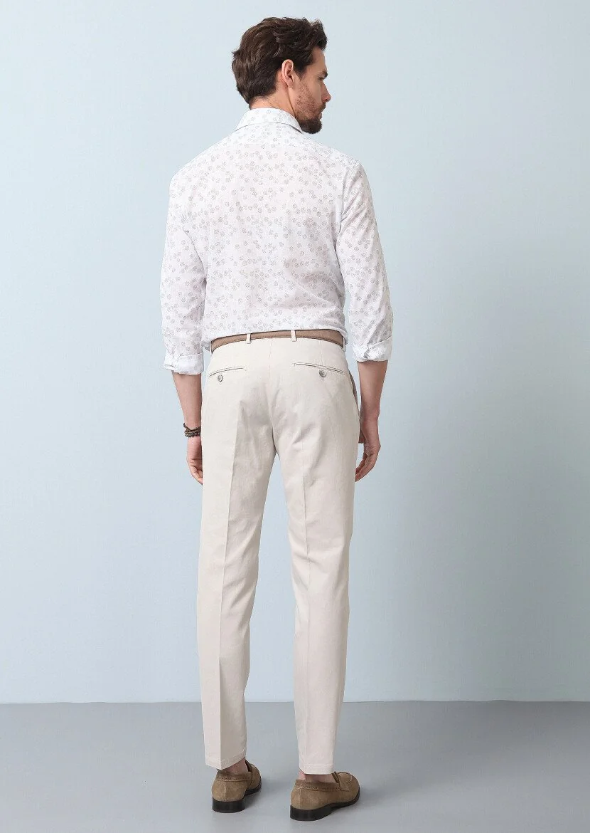 Bej Düz Dokuma Regular Fit Smart Casual Pamuk Karışımlı Pantolon - 5